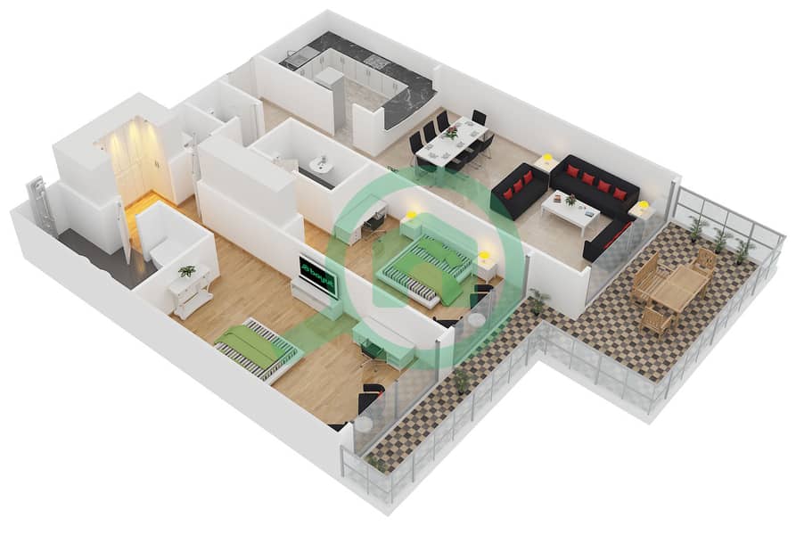 凯宾斯基棕榈公寓 - 2 卧室公寓单位A2戶型图 interactive3D