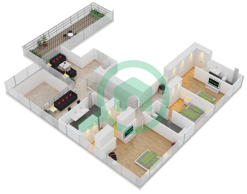 朱美拉棕榈岛一号 - 4 卧室公寓单位805戶型图 interactive3D