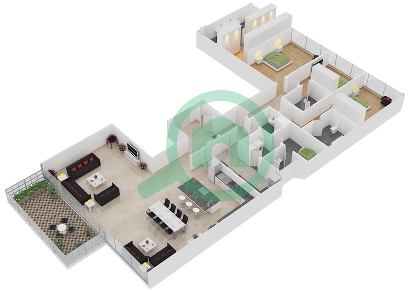 المخططات الطابقية لتصميم الوحدة 202 شقة 3 غرف نوم - ون في نخلة جميرا interactive3D