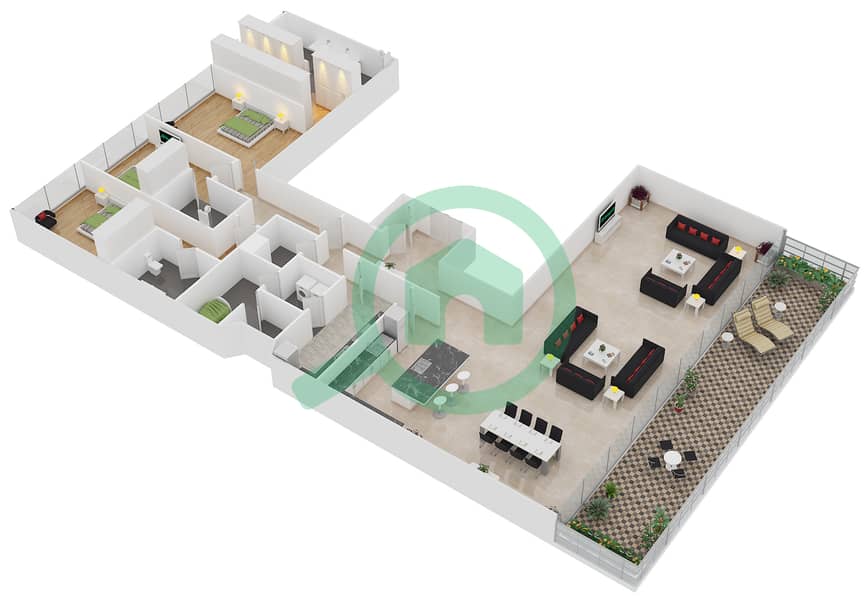 المخططات الطابقية لتصميم الوحدة 903 شقة 3 غرف نوم - ون في نخلة جميرا interactive3D