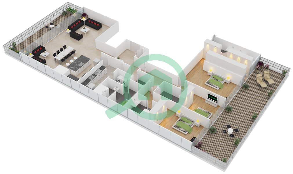 朱美拉棕榈岛一号 - 3 卧室公寓单位1101戶型图 interactive3D