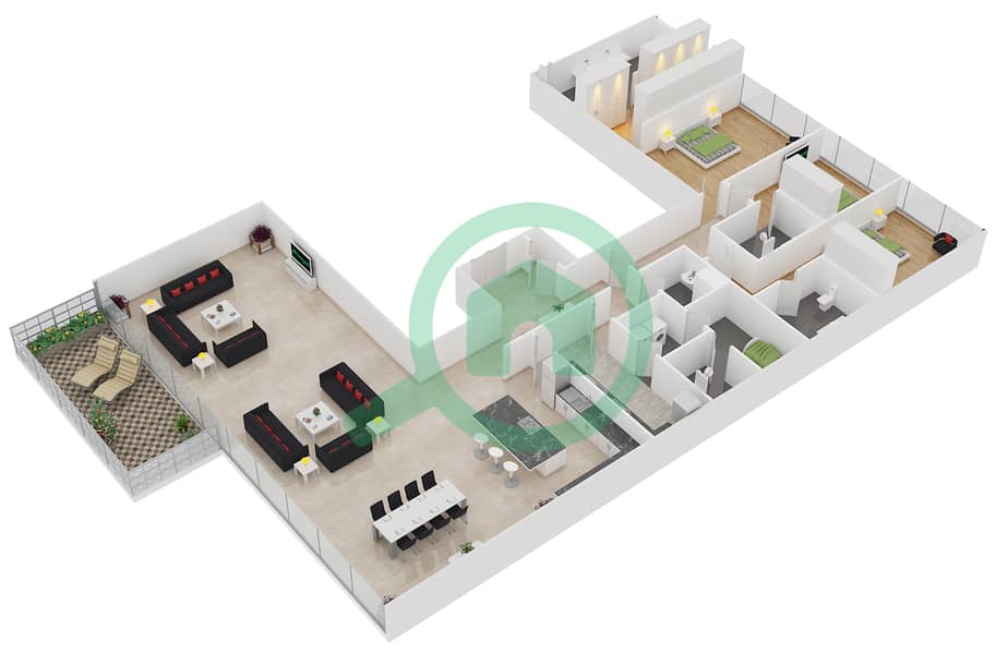 朱美拉棕榈岛一号 - 3 卧室公寓单位1402戶型图 interactive3D