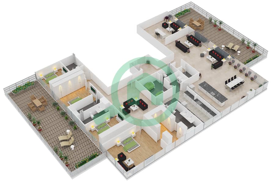 朱美拉棕榈岛一号 - 4 卧室公寓单位601戶型图 interactive3D