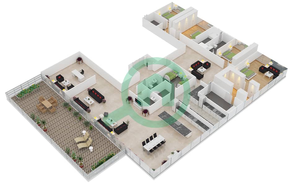 المخططات الطابقية لتصميم الوحدة 106 شقة 4 غرف نوم - ون في نخلة جميرا interactive3D