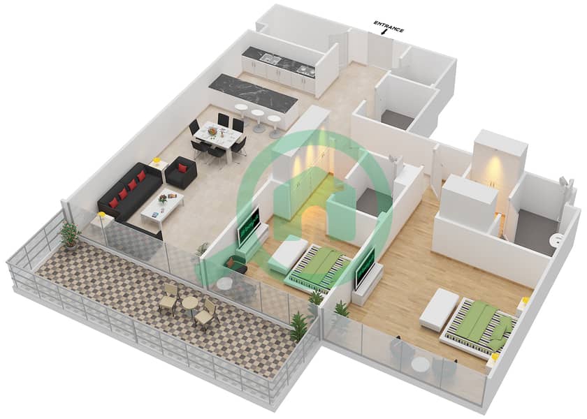 المخططات الطابقية لتصميم الوحدة 7 FLOOR 1 شقة 2 غرفة نوم - مساكن سيرينيا الجناح الغربي interactive3D