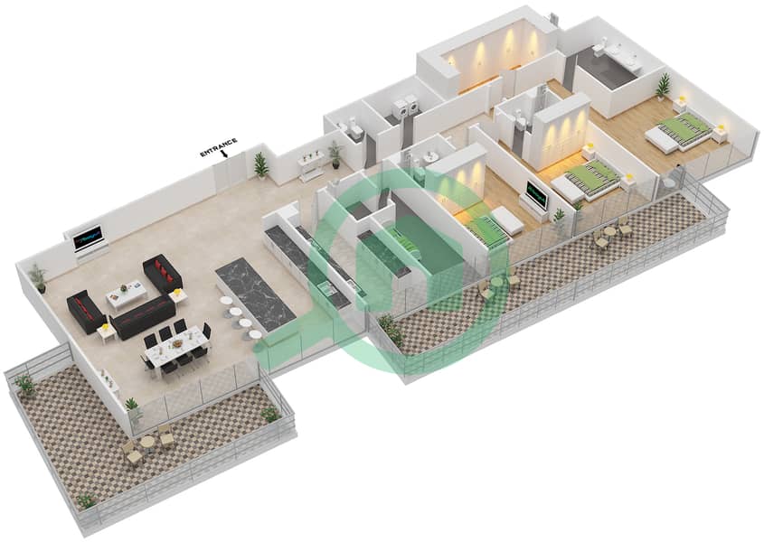 المخططات الطابقية لتصميم الوحدة 1 شقة 3 غرف نوم - مساكن سيرينيا الجناح الغربي interactive3D