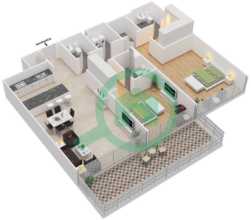 المخططات الطابقية لتصميم الوحدة 3 FLOOR 1 شقة 2 غرفة نوم - مساكن سيرينيا الجناح الغربي interactive3D