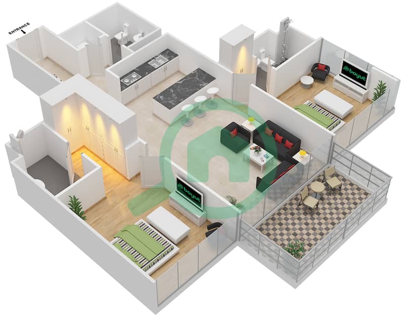 المخططات الطابقية لتصميم الوحدة 6 FLOOR 1 شقة 2 غرفة نوم - مساكن سيرينيا الجناح الغربي interactive3D