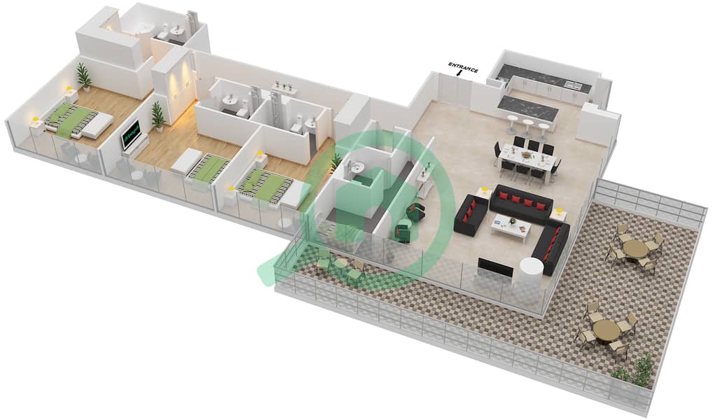المخططات الطابقية لتصميم الوحدة 2 FLOOR 1 شقة 3 غرف نوم - مساكن سيرينيا الجناح الغربي interactive3D