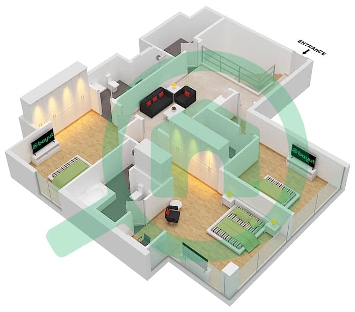 المخططات الطابقية لتصميم الوحدة 10-306 فیلا 3 غرف نوم - جميرا ليفينغ مارينا جيت interactive3D