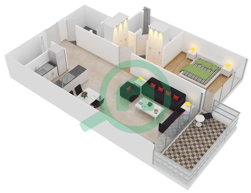 Тh8 - Апартамент 1 Спальня планировка Тип 1B interactive3D