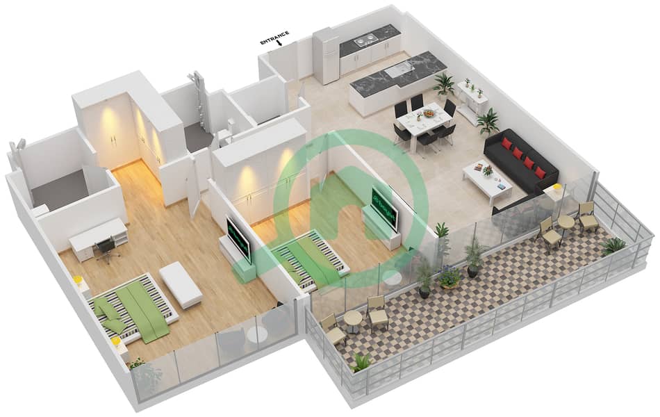 المخططات الطابقية لتصميم الوحدة 6 FLOOR 2-8 شقة 2 غرفة نوم - مساكن سيرينيا الجناح الشمالي interactive3D