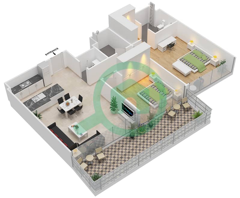 المخططات الطابقية لتصميم الوحدة 7 FLOOR 2-8 شقة 2 غرفة نوم - مساكن سيرينيا الجناح الشمالي interactive3D