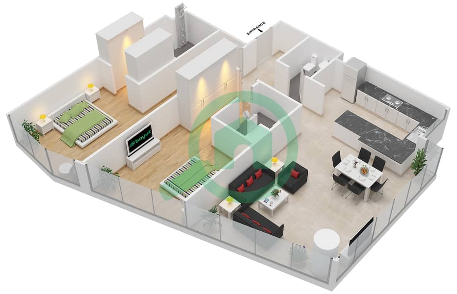 المخططات الطابقية لتصميم الوحدة 4 GROUND FLOOR شقة 2 غرفة نوم - مساكن سيرينيا الجناح الشمالي interactive3D