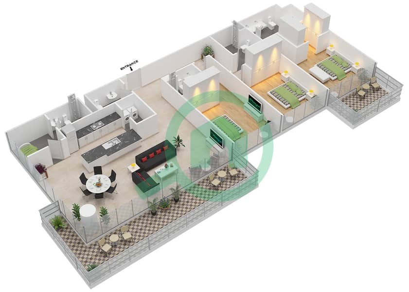 塞雷尼亚公寓北翼 - 3 卧室公寓单位3 FLOOR 2-8戶型图 interactive3D