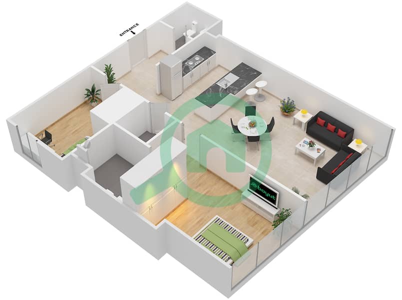 المخططات الطابقية لتصميم الوحدة 3 GROUND FLOOR شقة 1 غرفة نوم - مساكن سيرينيا الجناح الشمالي interactive3D