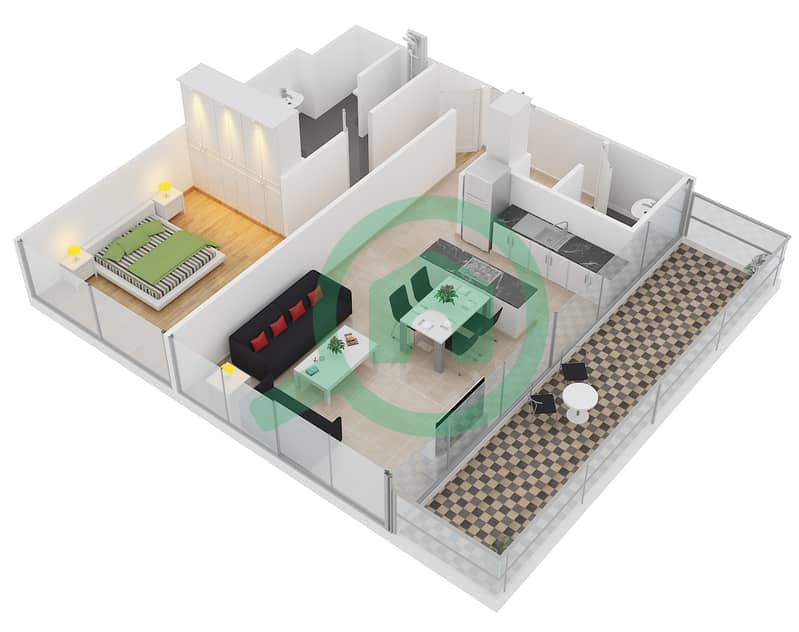 Th8 - 1 Bedroom Apartment Type H1C Floor plan interactive3D