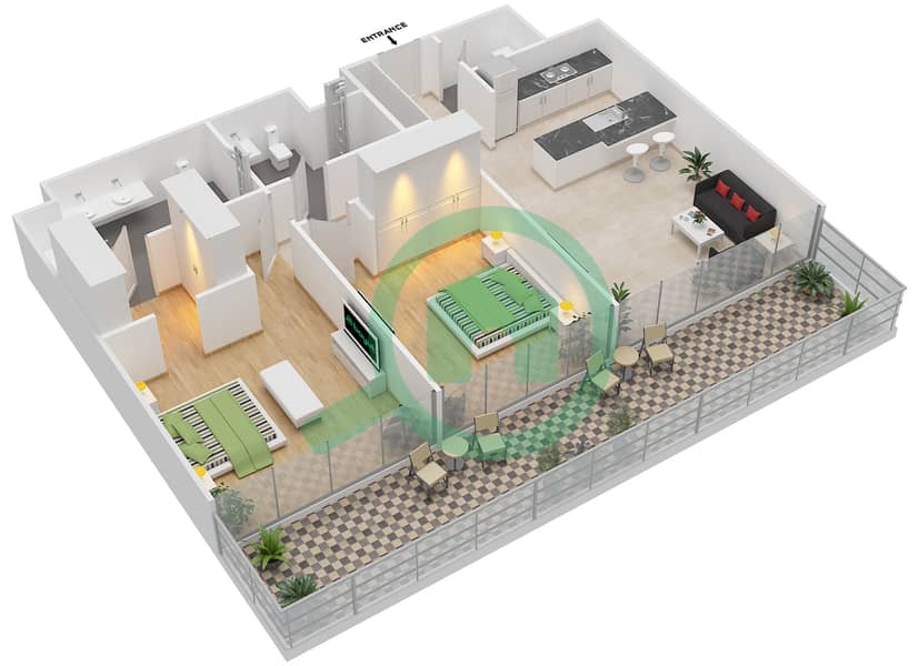 Serenia Residences North Wing - 2 Bedroom Apartment Unit 2 FLOOR 2-8 Floor plan interactive3D