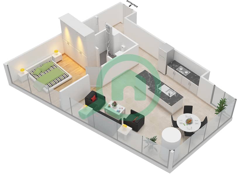 المخططات الطابقية لتصميم الوحدة 1 GROUND FLOOR شقة 1 غرفة نوم - مساكن سيرينيا الجناح الشمالي interactive3D