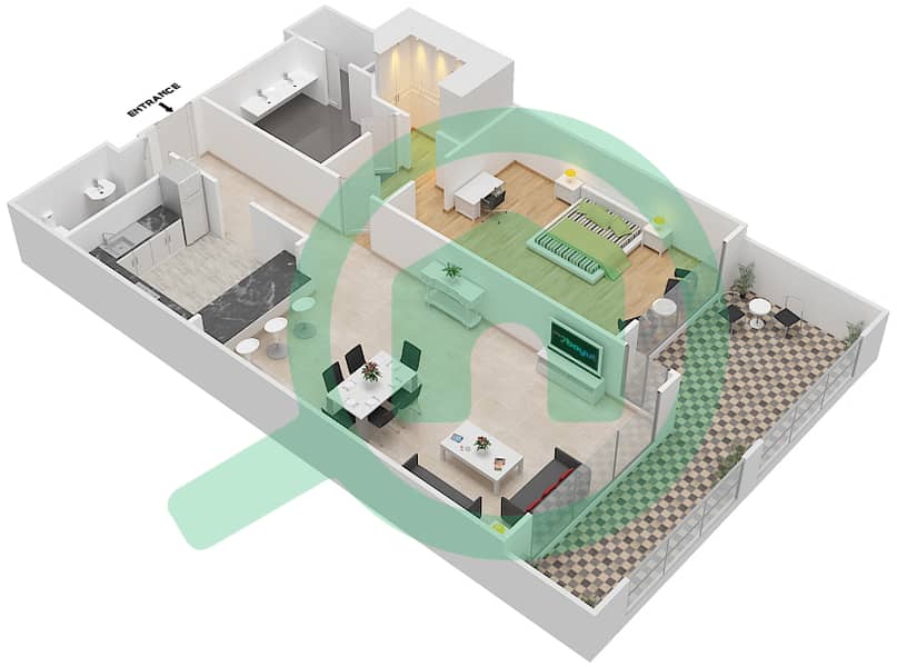 费尔蒙棕榈公寓北区 - 1 卧室公寓类型F戶型图 interactive3D