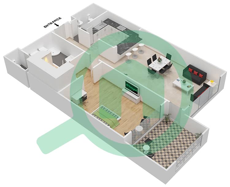 المخططات الطابقية لتصميم النموذج G شقة 1 غرفة نوم - مساكن فيرمونت النخلة شمال interactive3D