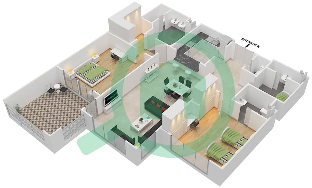 المخططات الطابقية لتصميم النموذج E شقة 2 غرفة نوم - مساكن فيرمونت النخلة شمال interactive3D