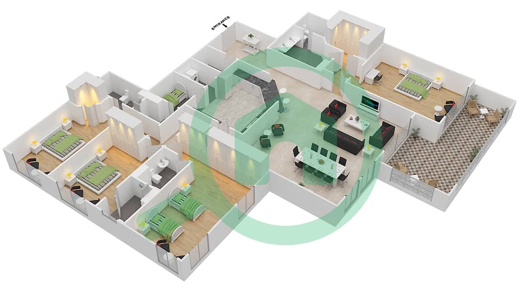 المخططات الطابقية لتصميم النموذج A شقة 4 غرف نوم - مساكن فيرمونت النخلة شمال interactive3D