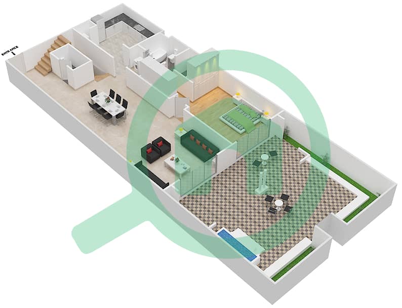 المخططات الطابقية لتصميم النموذج A تاون هاوس 3 غرف نوم - مساكن فيرمونت النخلة شمال interactive3D