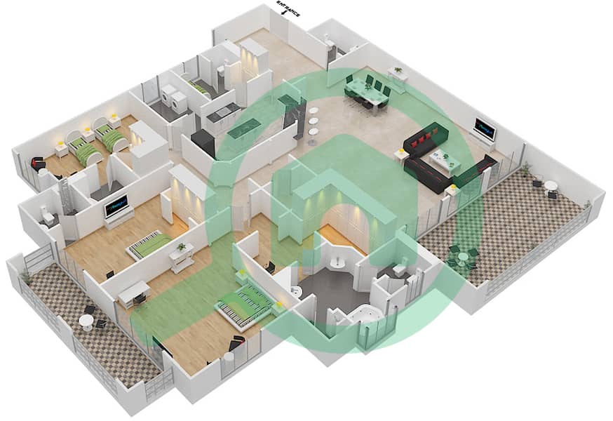 المخططات الطابقية لتصميم النموذج B شقة 3 غرف نوم - مساكن فيرمونت النخلة جنوب interactive3D