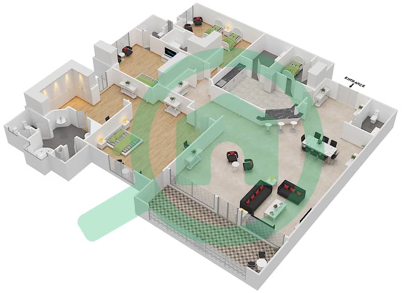 المخططات الطابقية لتصميم النموذج C شقة 3 غرف نوم - مساكن فيرمونت النخلة جنوب interactive3D