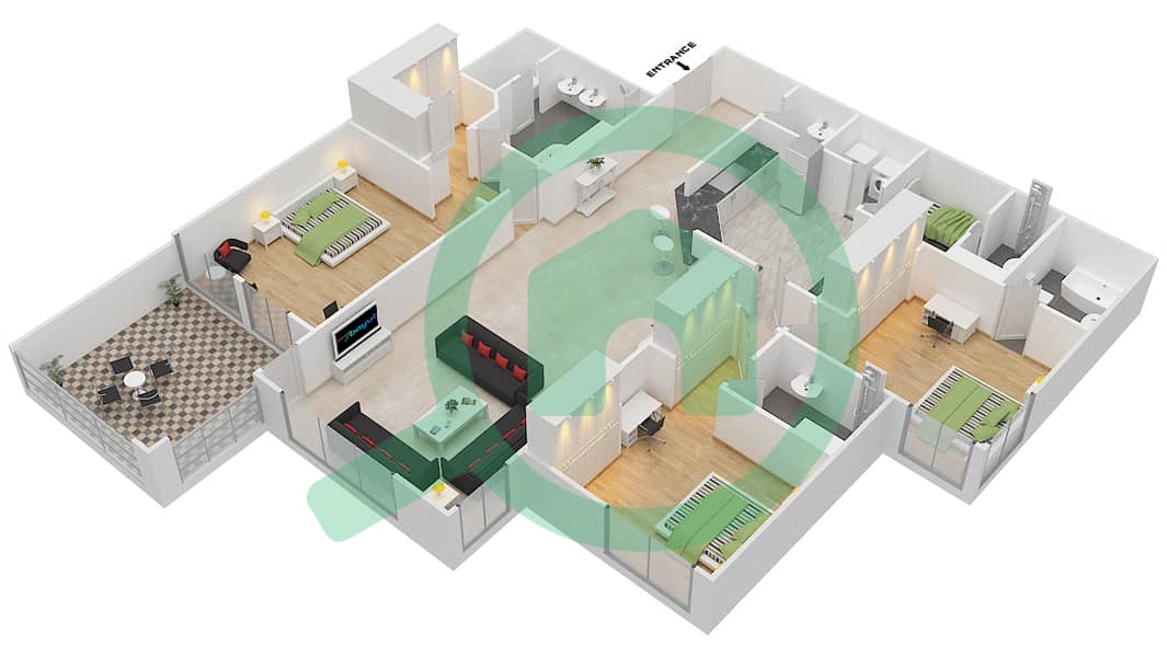 المخططات الطابقية لتصميم النموذج D شقة 3 غرف نوم - مساكن فيرمونت النخلة جنوب interactive3D
