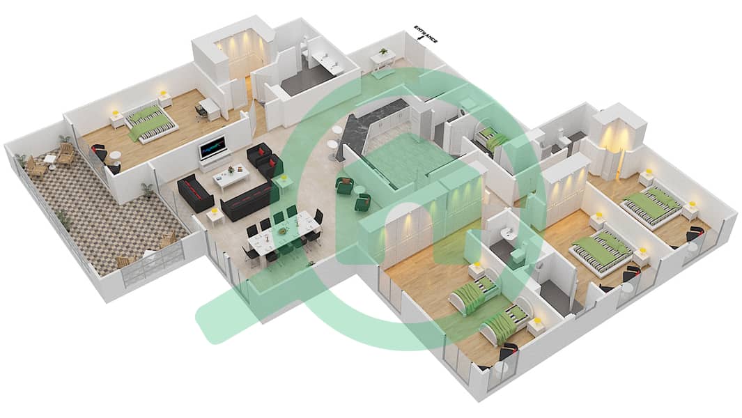 المخططات الطابقية لتصميم النموذج A شقة 4 غرف نوم - مساكن فيرمونت النخلة جنوب interactive3D