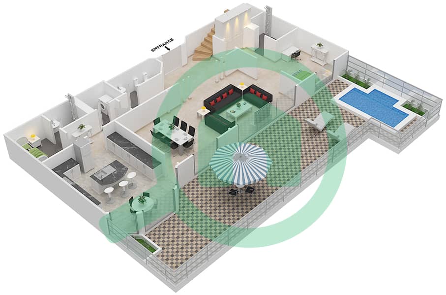 المخططات الطابقية لتصميم النموذج H بنتهاوس 3 غرف نوم - مساكن فيرمونت النخلة جنوب interactive3D