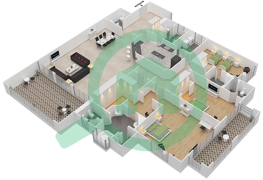 المخططات الطابقية لتصميم النموذج B شقة 3 غرف نوم - مساكن فيرمونت النخلة شمال interactive3D