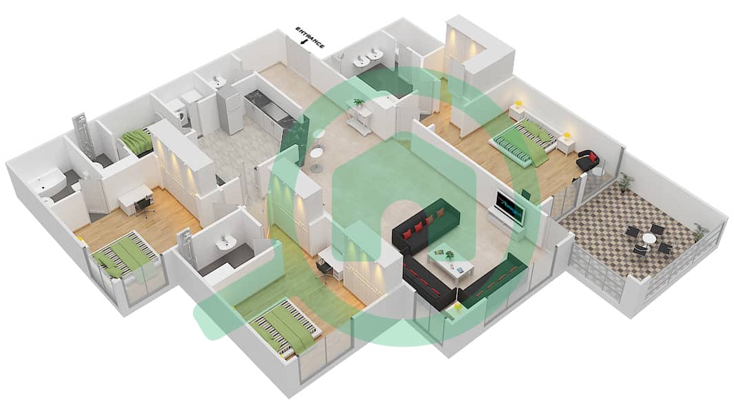 المخططات الطابقية لتصميم النموذج D شقة 3 غرف نوم - مساكن فيرمونت النخلة شمال interactive3D