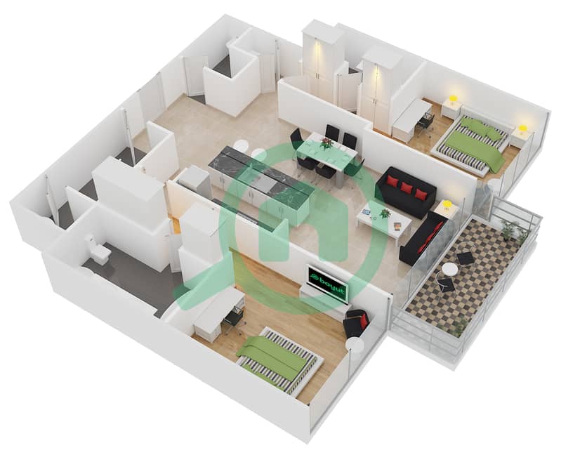 Th8 - 2 Bedroom Apartment Type 2A Floor plan interactive3D