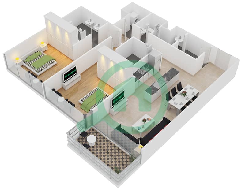Th8酒店 - 2 卧室公寓类型2B戶型图 interactive3D