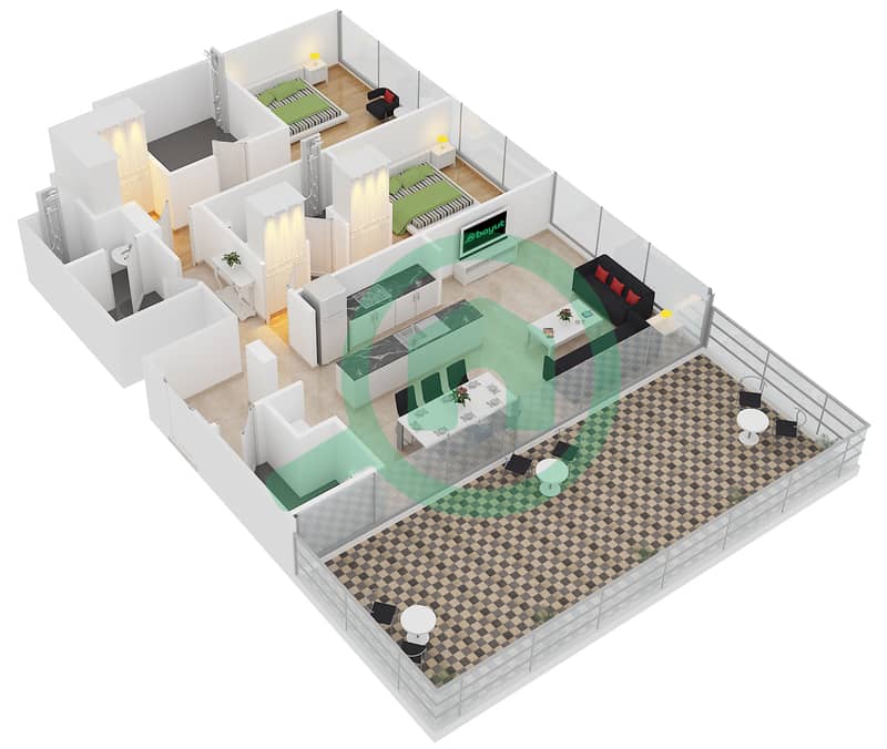 المخططات الطابقية لتصميم النموذج 2D شقة 2 غرفة نوم - ذا 8 interactive3D