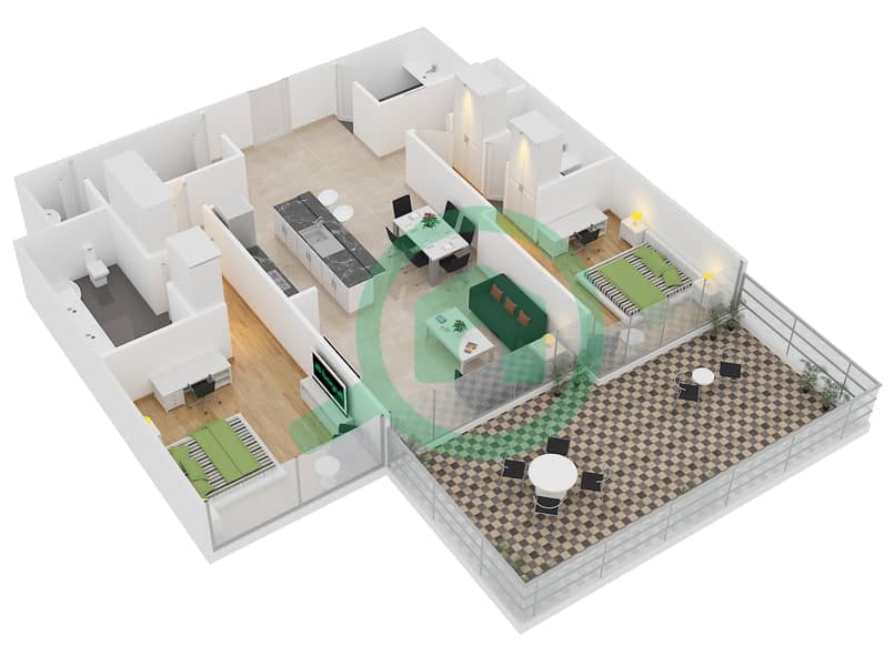 Тh8 - Апартамент 2 Cпальни планировка Тип H2A interactive3D