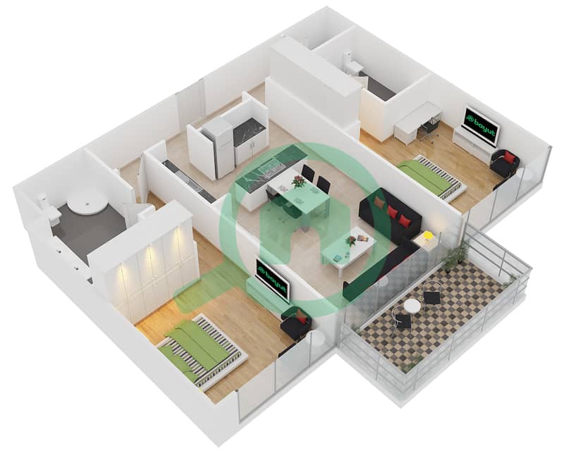 Th8酒店 - 2 卧室公寓类型H2B戶型图 interactive3D