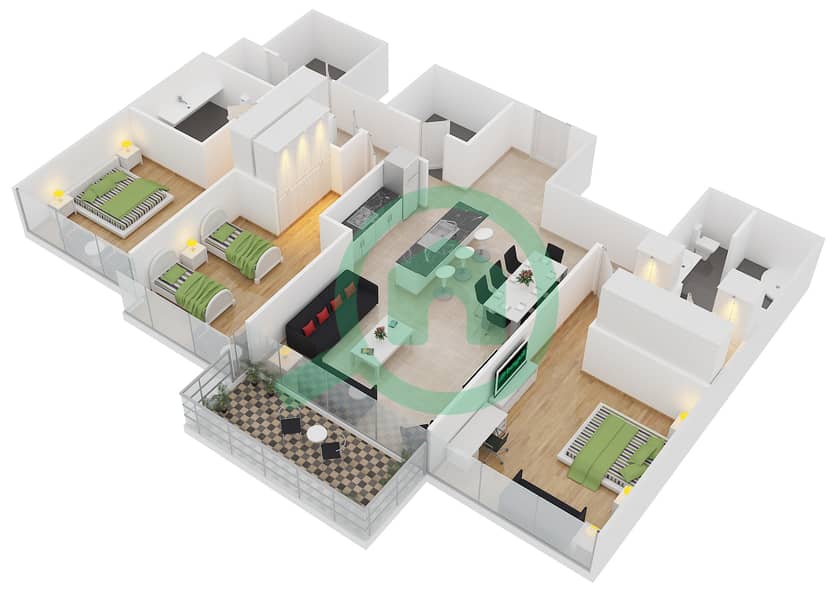 Тh8 - Апартамент 3 Cпальни планировка Тип 3A interactive3D