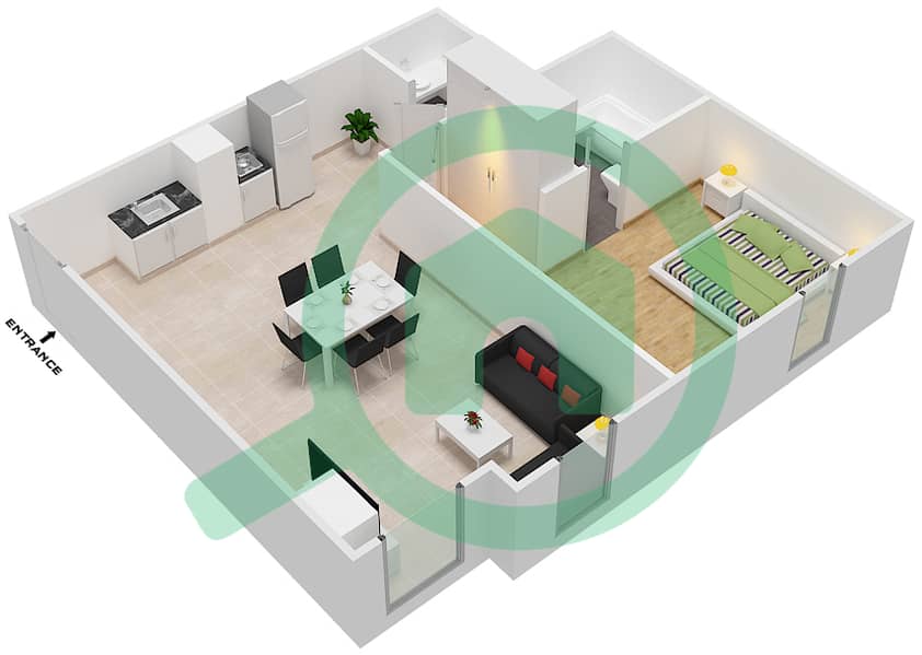 المخططات الطابقية لتصميم الوحدة 1,5 شقة 1 غرفة نوم - برج بوبيان interactive3D