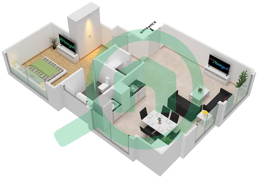 波比安大厦 - 1 卧室公寓单位2戶型图 interactive3D