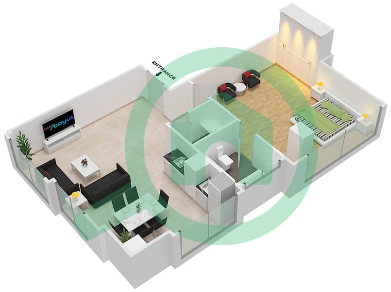 Bobyan Tower - 1 Bedroom Apartment Unit 3 Floor plan interactive3D