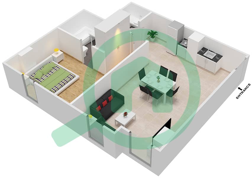 المخططات الطابقية لتصميم الوحدة 4,8 شقة 1 غرفة نوم - برج بوبيان interactive3D
