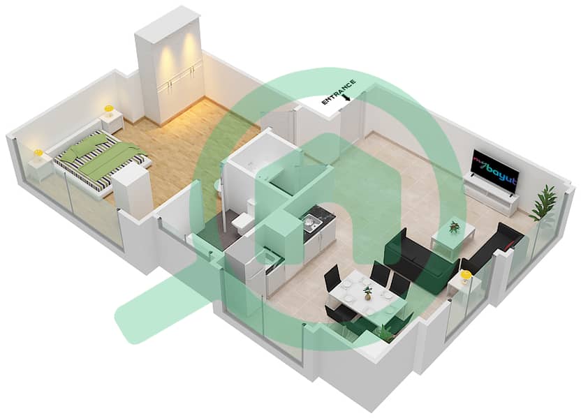 المخططات الطابقية لتصميم الوحدة 6 شقة 1 غرفة نوم - برج بوبيان interactive3D