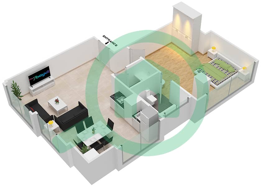 المخططات الطابقية لتصميم الوحدة 7 شقة 1 غرفة نوم - برج بوبيان interactive3D