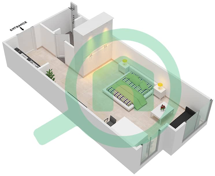 المخططات الطابقية لتصميم الوحدة 2,11 شقة استوديو - برج بوبيان interactive3D