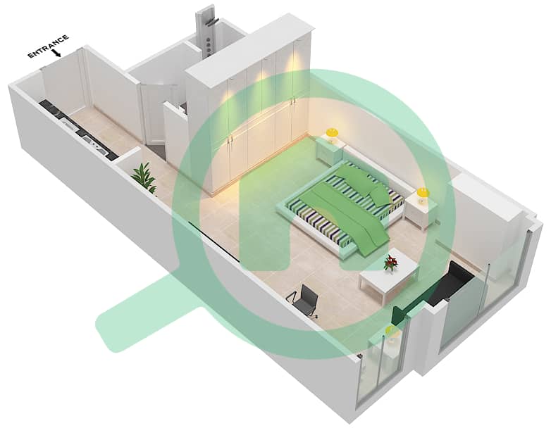 المخططات الطابقية لتصميم الوحدة 3 شقة استوديو - برج بوبيان interactive3D