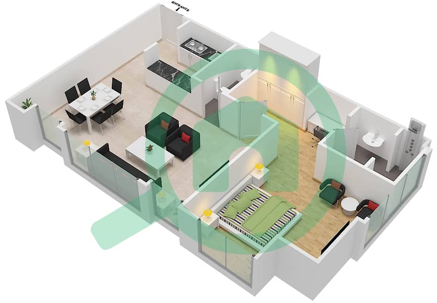 المخططات الطابقية لتصميم الوحدة 4,13 شقة 1 غرفة نوم - برج بوبيان interactive3D